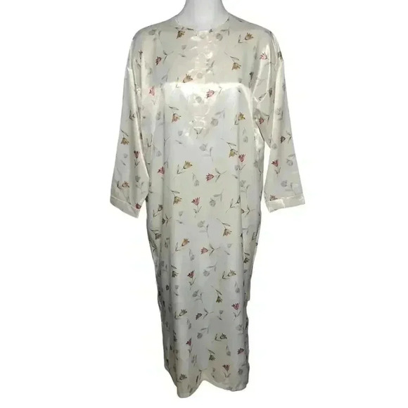 LINEA D’OR Satin Nightgown Ivory Cream Tulip Print 3/4 Sleeve Size 42 M L NWT - Picture 2 of 9